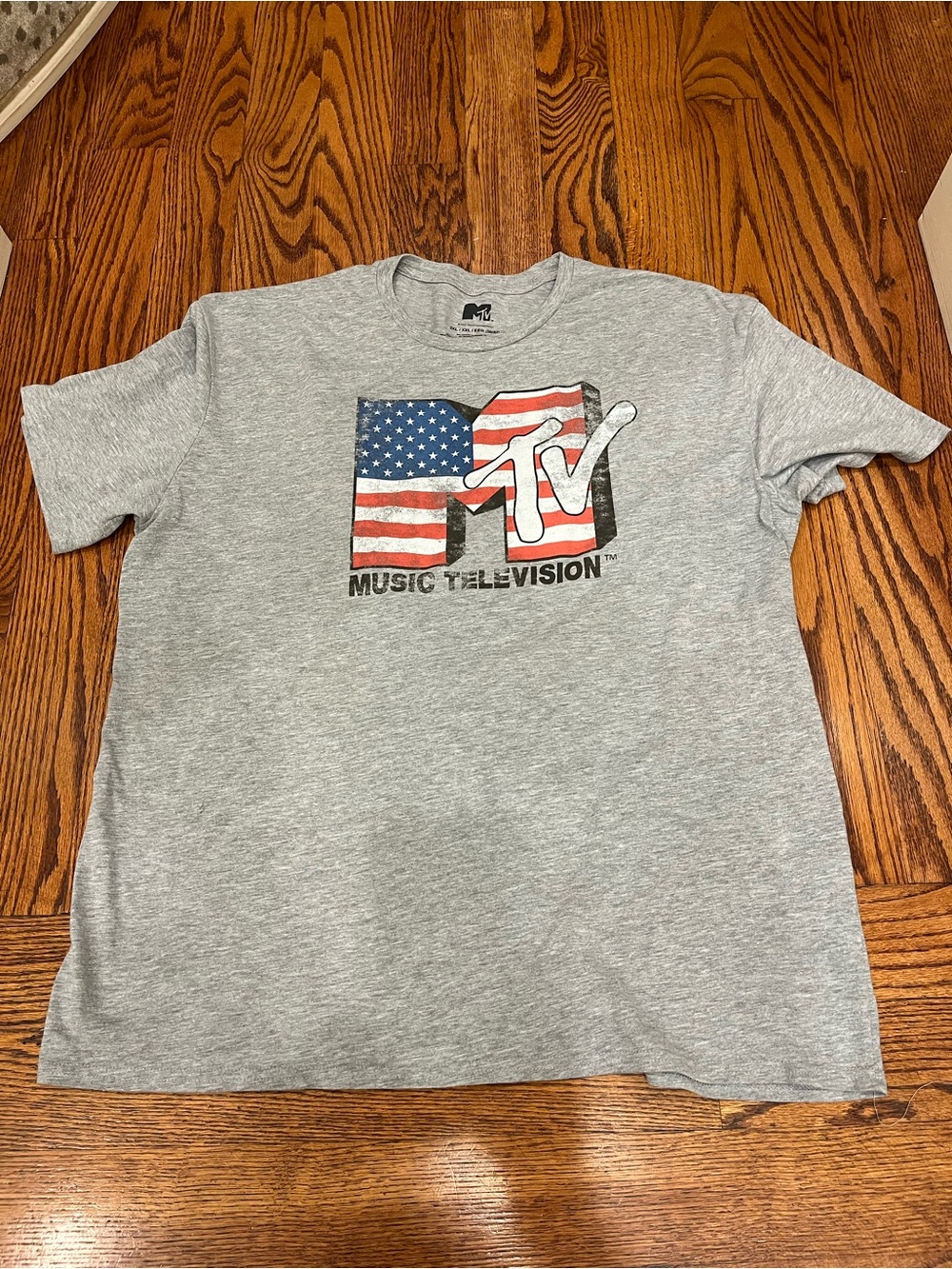MTV Gray Tee with Red, White & Blue Flag Logo